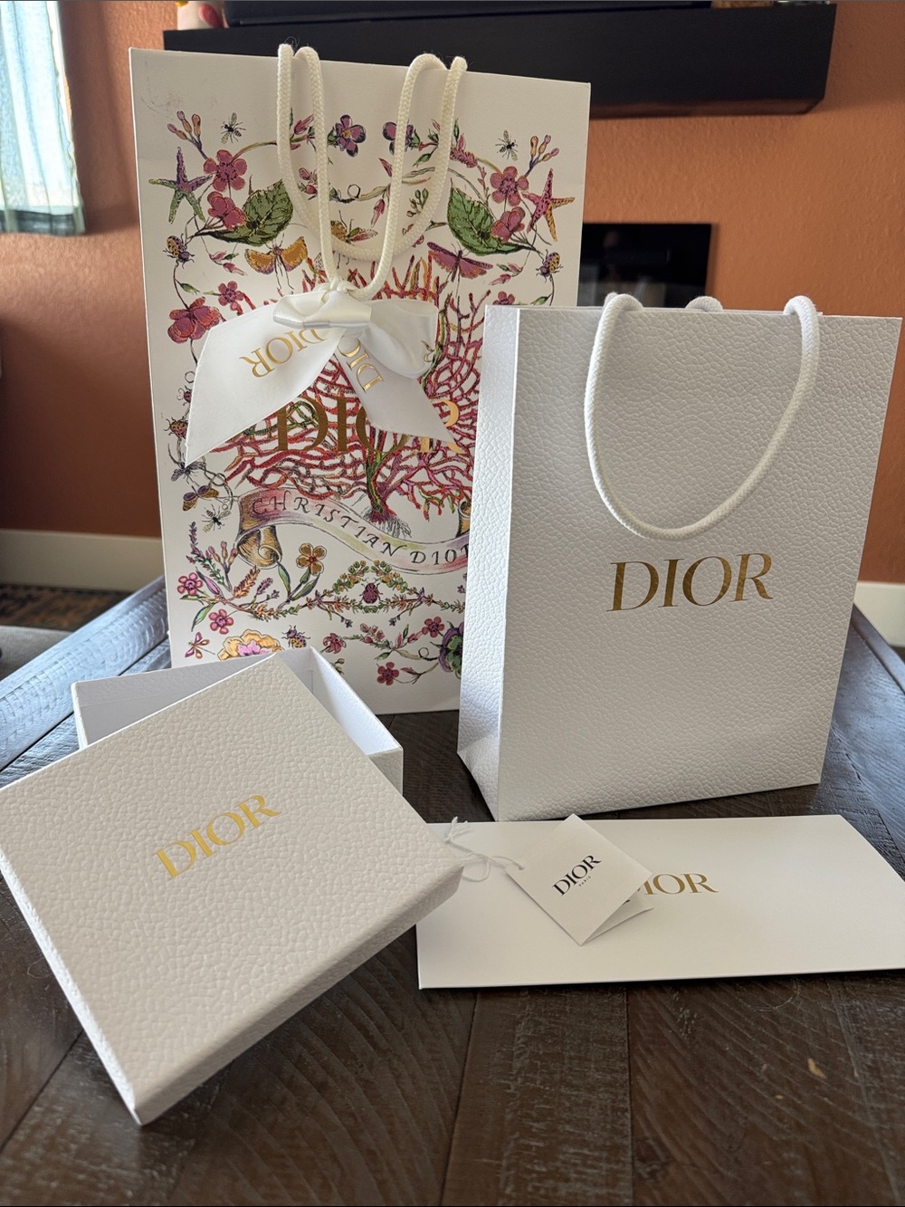Dior White and Gold Gift Packaging Set with Floral Tote